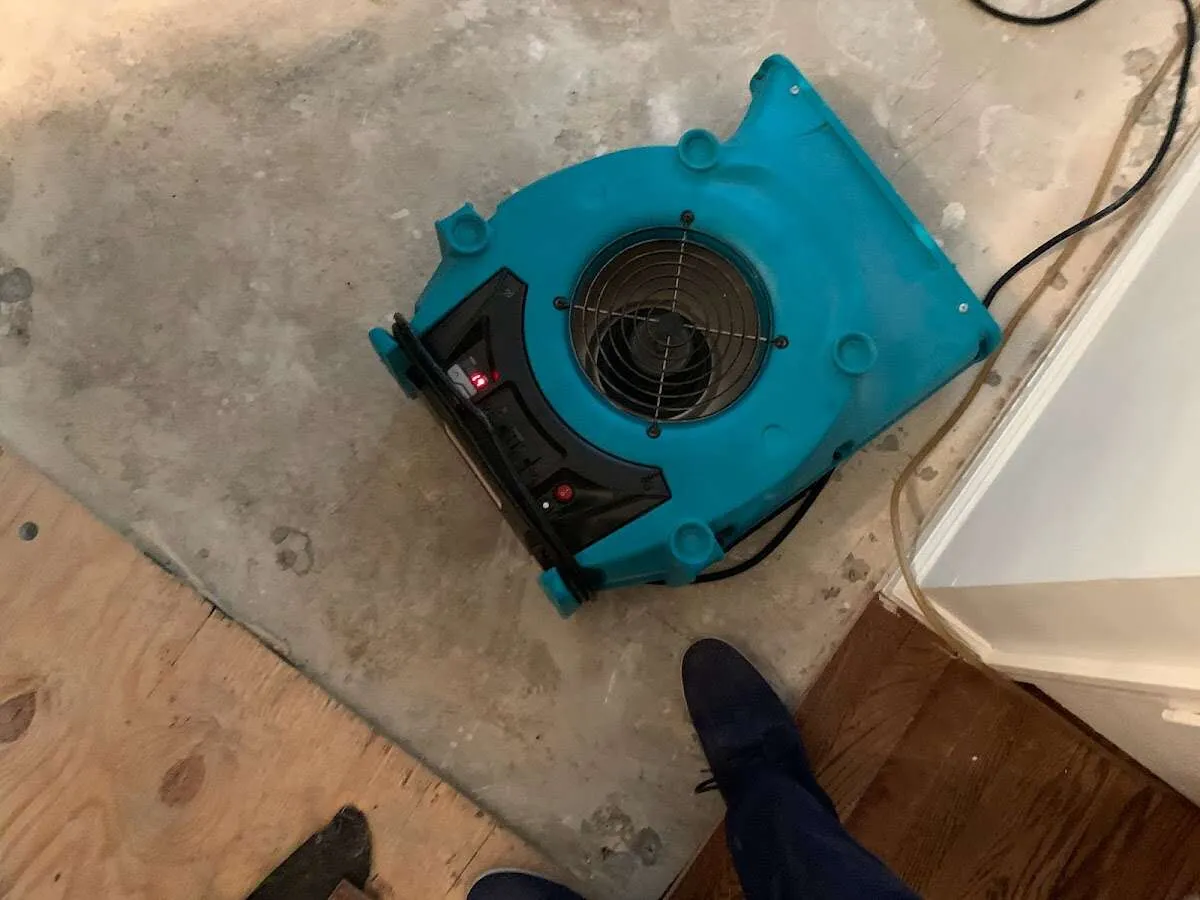 Air mover drying subfloor during Commercial Water Damage Restoration in Darlington